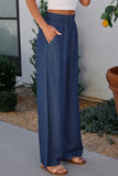 Sail Blue Side Pockets Frilled Smocked High Waist Wide Leg Jeans