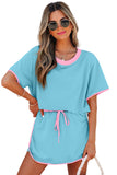 Turquoise Colorblock Edge Drop Shoulder T Shirt and Skirt 2Pcs Set