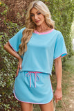 Turquoise Colorblock Edge Drop Shoulder T Shirt and Skirt 2Pcs Set