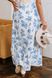 Sky Blue Boho Floral High Waist Ruffle Split Maxi Skirt