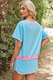 Turquoise Colorblock Edge Drop Shoulder T Shirt and Skirt 2Pcs Set