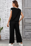 Black Cable Knit Contrast Trim Short Sleeve Top and Pants Set