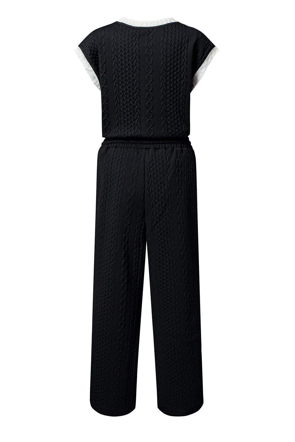 Black Cable Knit Contrast Trim Short Sleeve Top and Pants Set