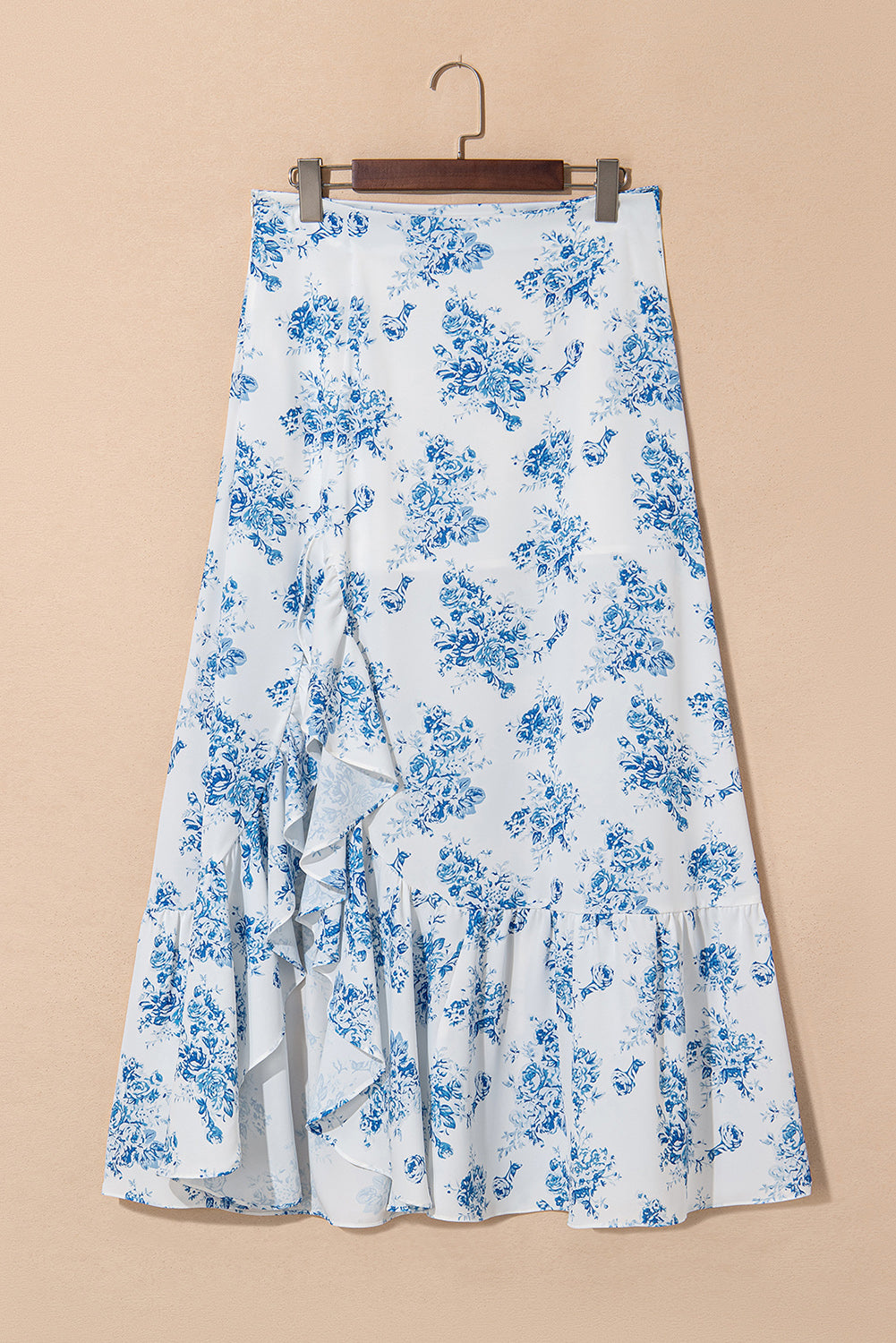 Sky Blue Boho Floral High Waist Ruffle Split Maxi Skirt