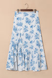Sky Blue Boho Floral High Waist Ruffle Split Maxi Skirt