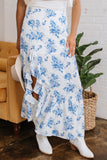 Sky Blue Boho Floral High Waist Ruffle Split Maxi Skirt
