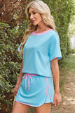 Turquoise Colorblock Edge Drop Shoulder T Shirt and Skirt 2Pcs Set