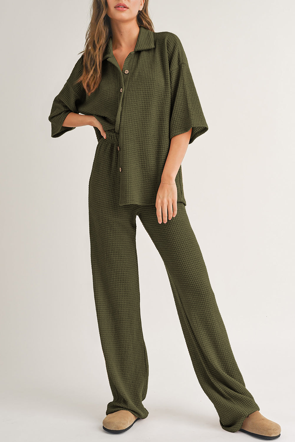 Four Leaf Clover Solid Color Textured Buttoned Shirt and Casual Pants Set