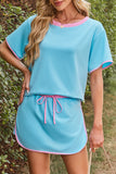 Turquoise Colorblock Edge Drop Shoulder T Shirt and Skirt 2Pcs Set