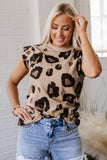 Khaki Leopard Crew Neck Cap Sleeve Casual Tee