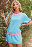 Turquoise Colorblock Edge Drop Shoulder T Shirt and Skirt 2Pcs Set