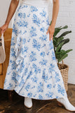 Sky Blue Boho Floral High Waist Ruffle Split Maxi Skirt