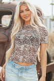 Brown Rodeo Print Round Neck Slim Fit Mesh T Shirt