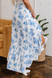 Sky Blue Boho Floral High Waist Ruffle Split Maxi Skirt