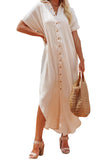 Apricot Crinkled Buttons Maxi Beach Dress with Slits