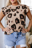 Khaki Leopard Crew Neck Cap Sleeve Casual Tee