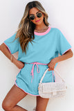 Turquoise Colorblock Edge Drop Shoulder T Shirt and Skirt 2Pcs Set