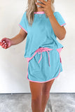 Turquoise Colorblock Edge Drop Shoulder T Shirt and Skirt 2Pcs Set