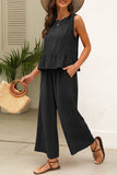 Black Solid Color Ribbed Ruffle Tank Top and Pants Set