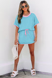 Turquoise Colorblock Edge Drop Shoulder T Shirt and Skirt 2Pcs Set