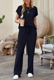 Navy Blue Solid Color Corded Short Sleeve Top and Casual Pants Set