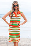 Yellow Stripe Eyelet Sleeveless Buttoned Split Neck Sweater Dress