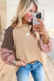 Jet Stream Mixed Print Raglan Sleeve Ribbed Knit Patchwork Blouse