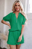Sea Green Half Zip Puff Sleeve Top and Ruffled Shorts Set