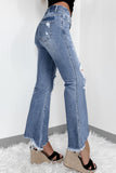 Dusk Blue High Rise Ripped Distressed Hem Flared Jeans