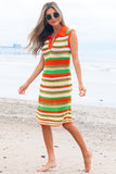 Yellow Stripe Eyelet Sleeveless Buttoned Split Neck Sweater Dress