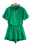 Sea Green Half Zip Puff Sleeve Top and Ruffled Shorts Set