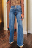 Sail Blue High Waist Button Fly Seamed Raw Hem Flare Jeans