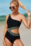 Black Zigzag Accent Cutout One Shoulder Teddy Swimwear