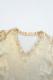 Gold Metallic Frilled V Neck Puff Sleeve Babydoll Blouse