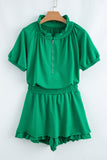 Sea Green Half Zip Puff Sleeve Top and Ruffled Shorts Set