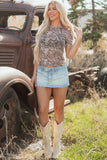 Brown Rodeo Print Round Neck Slim Fit Mesh T Shirt