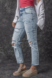 Sky Blue Light Wash Frayed Slim Fit High Waist Jeans