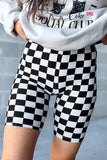 Black Checkerboard Printed High Waist Biker Shorts Leggings