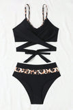 Black Leopard Splicing Criss Cross Tie Spaghetti Straps High Waisted Bikini