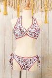 Red Floral Halter O-Ring Backless Knot Bikini Set