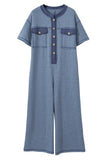 Beau Blue Half Placket Chest Pockets Short Sleeve Wide Leg Jumpsuit