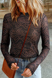 Black Western Rodeo Printed Mock Neck Long Sleeve Mesh Top