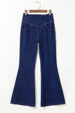 Dusk Blue Solid Crossed Waist High Elastic Fit Flare Knit Jeans