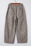 Khaki Leopard Printed Drawstring Waist Pocketed Wide Leg Jeans
