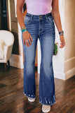 Sail Blue High Rise Dual Button Distressed Raw Hem Flared Jeans