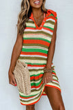 Yellow Stripe Eyelet Sleeveless Buttoned Split Neck Sweater Dress