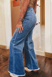 Sail Blue High Waist Button Fly Seamed Raw Hem Flare Jeans