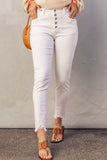 White Plain High Waist Buttons Frayed Cropped Denim Jeans