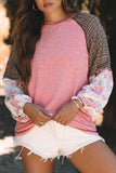 Fushia Mixed Print Raglan Sleeve Ribbed Knit Patchwork Blouse