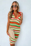 Yellow Stripe Eyelet Sleeveless Buttoned Split Neck Sweater Dress